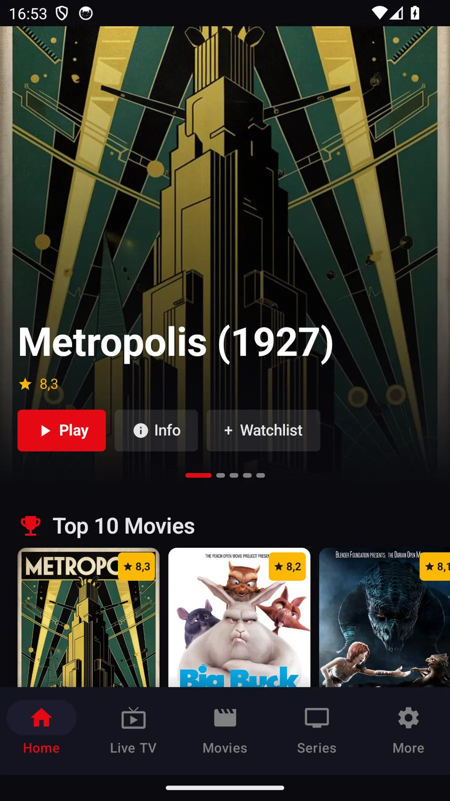 TELOS IPTV on Android phone: home screen with the demo catalogue (free licences)