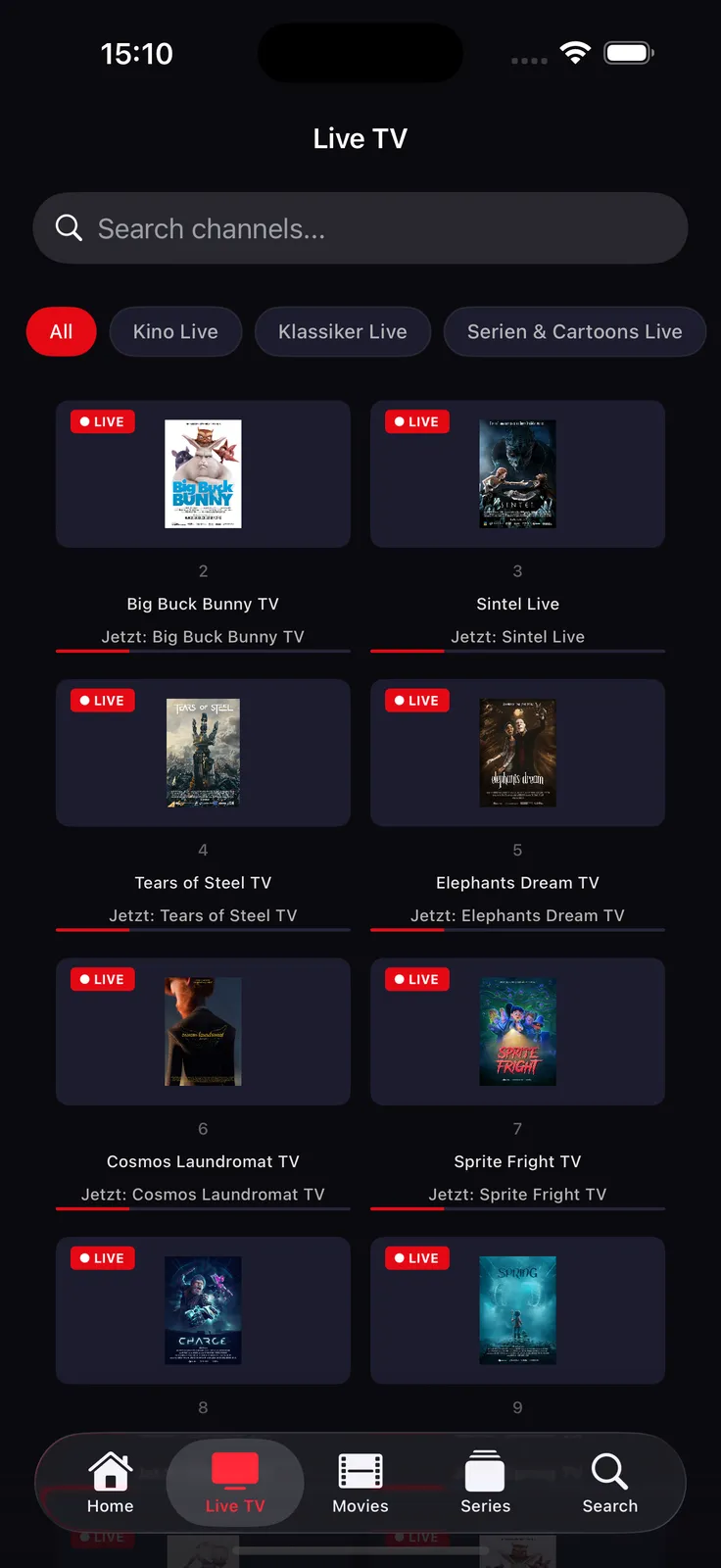 TELOS IPTV Player: live TV screen on iPhone