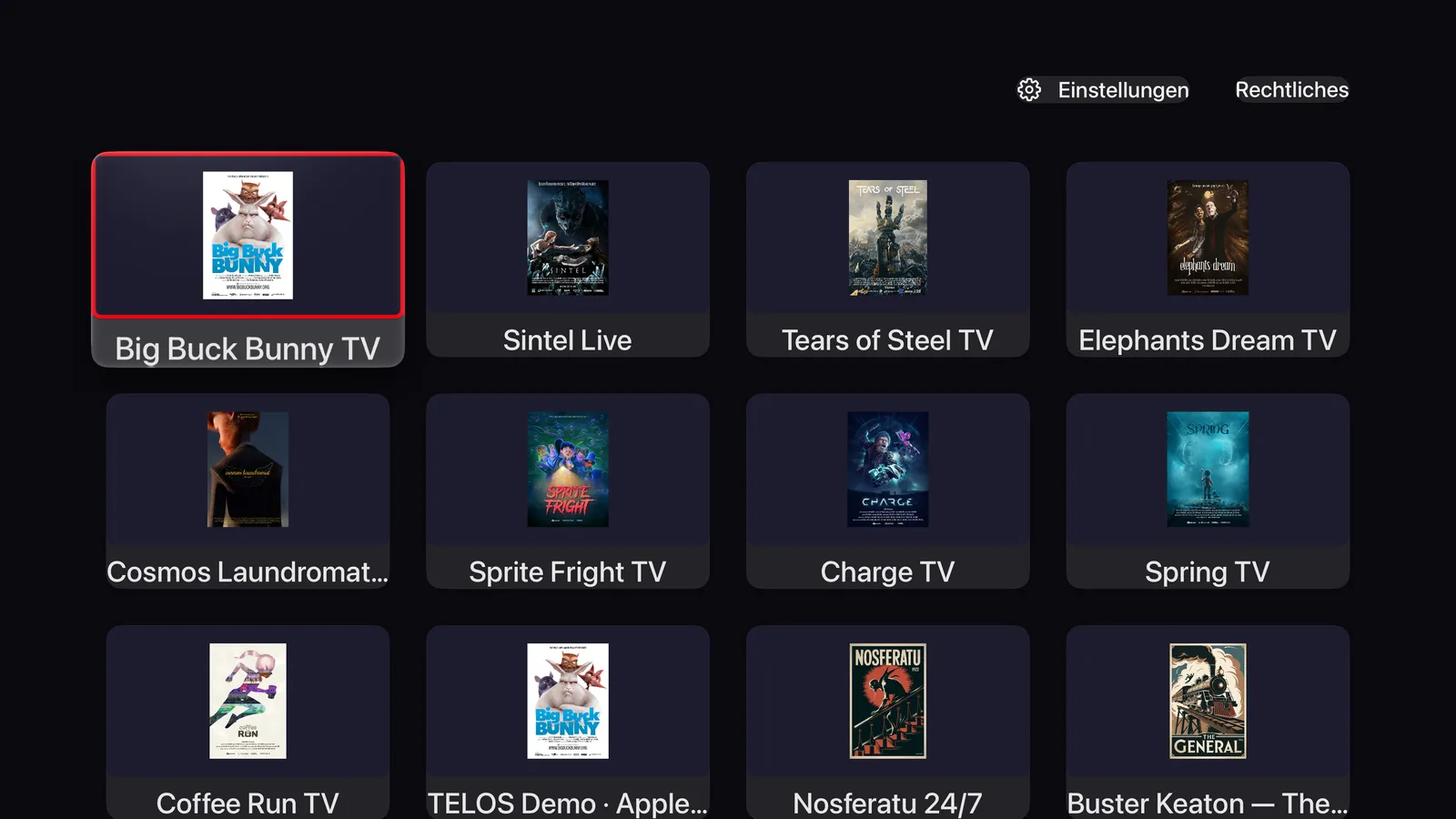 TELOS IPTV Player: Startansicht auf Apple TV